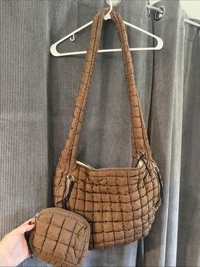 Quilted Brown Shoulder Bag with Coin Pouch